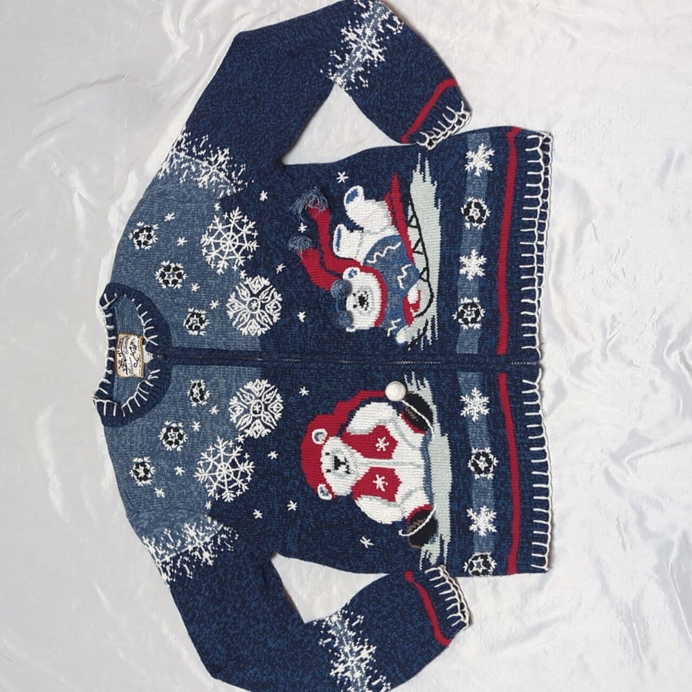 Vintage Embroidered Snowflake Winter Polar Bear 3D Sweater HAS HOLE